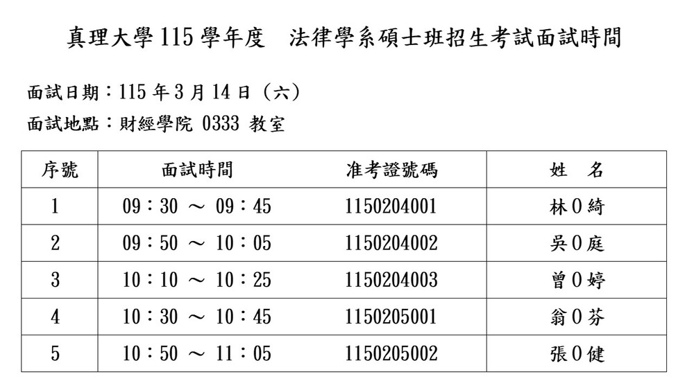 真理大學115學年度  法律學系碩士班招生考試面試時間1圖片